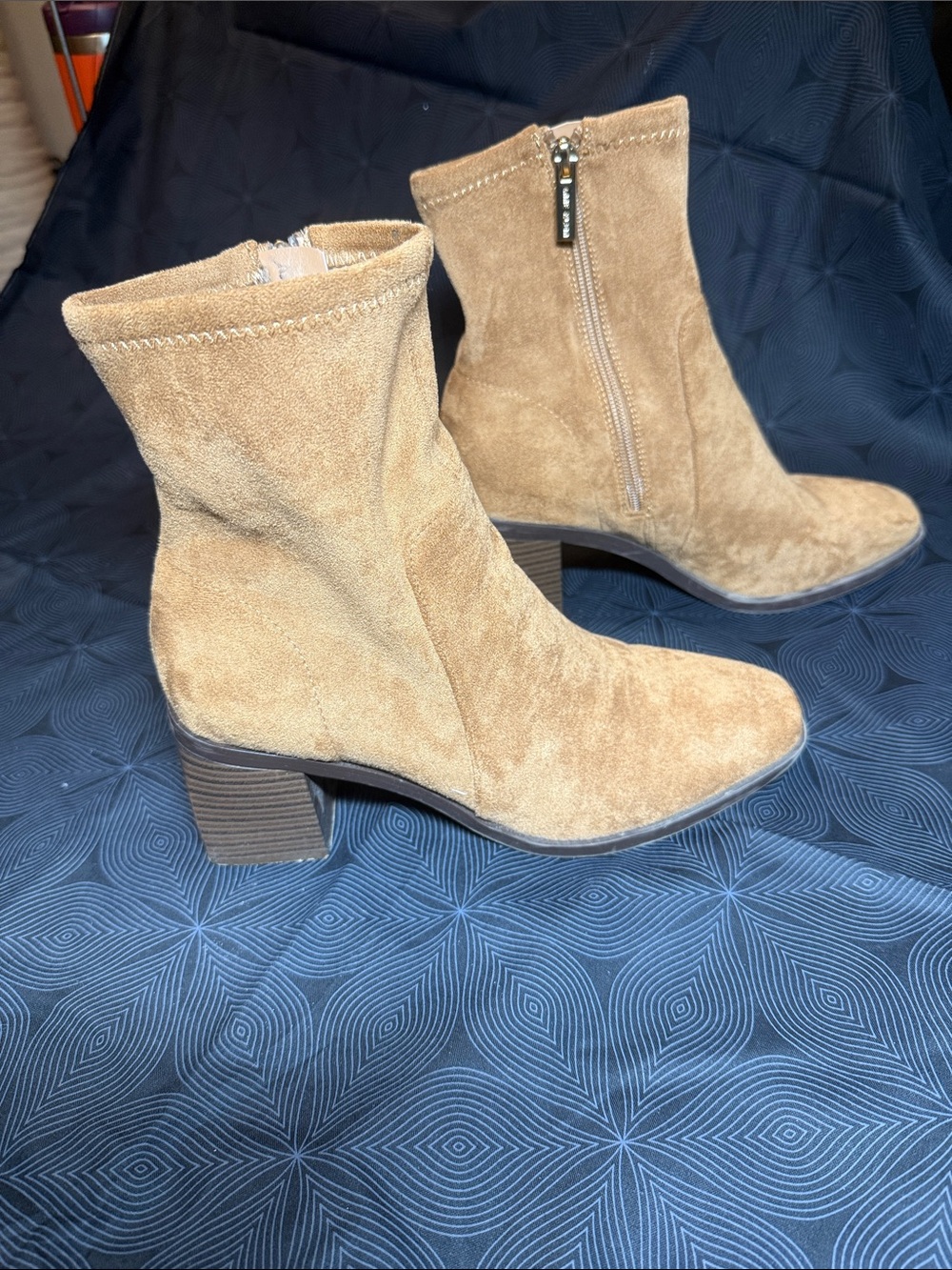 Anne Klein Tan Suede Block Heel Ankle Boots